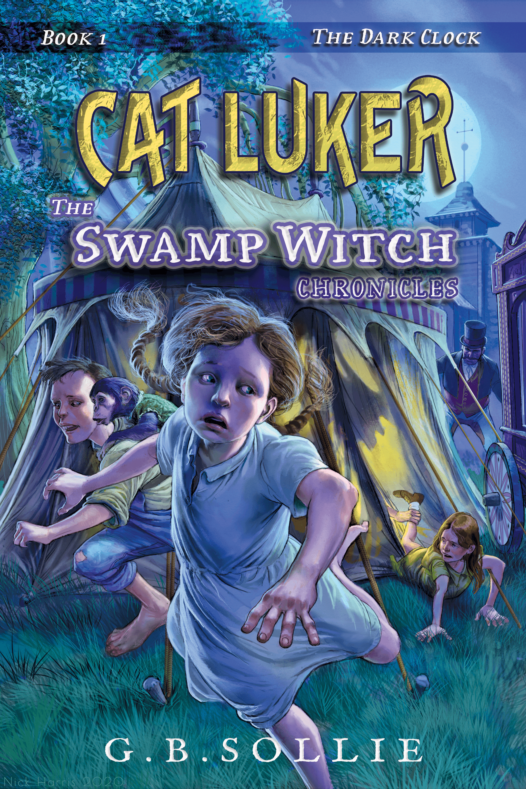 Cat Luker: The Swamp Witch Chronicles book cover showing three children in a mysterious swamp setting